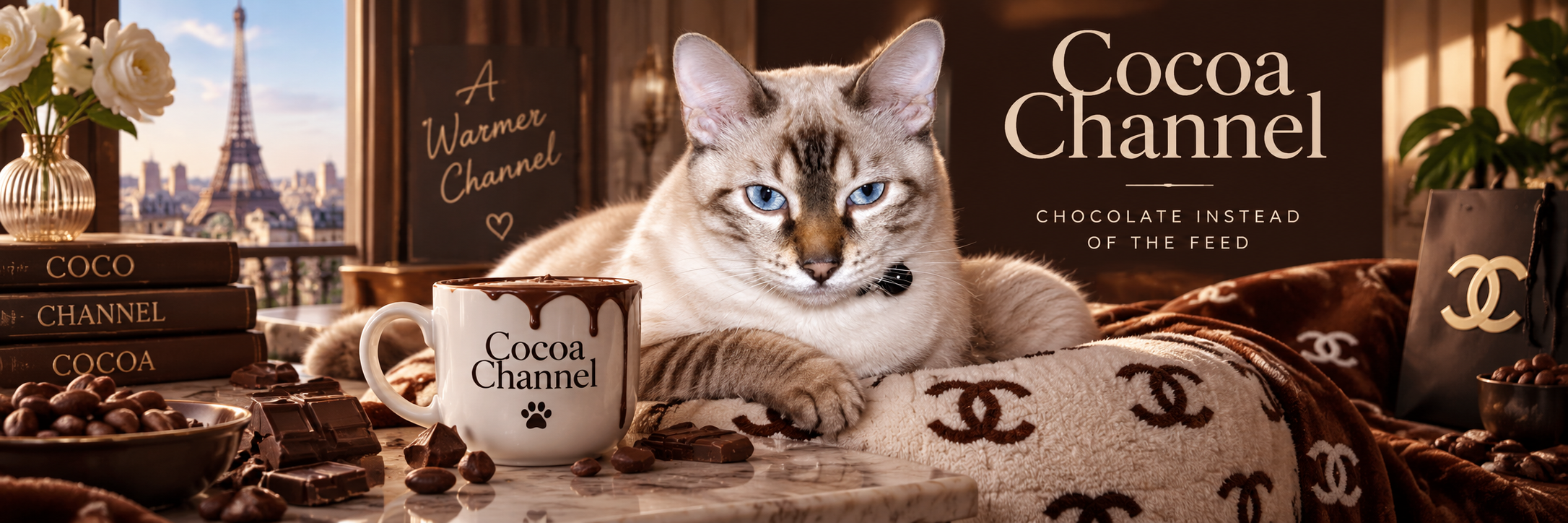 Cocoa Channel banner: cream tabby cat in a warm luxury cocoa editorial scene